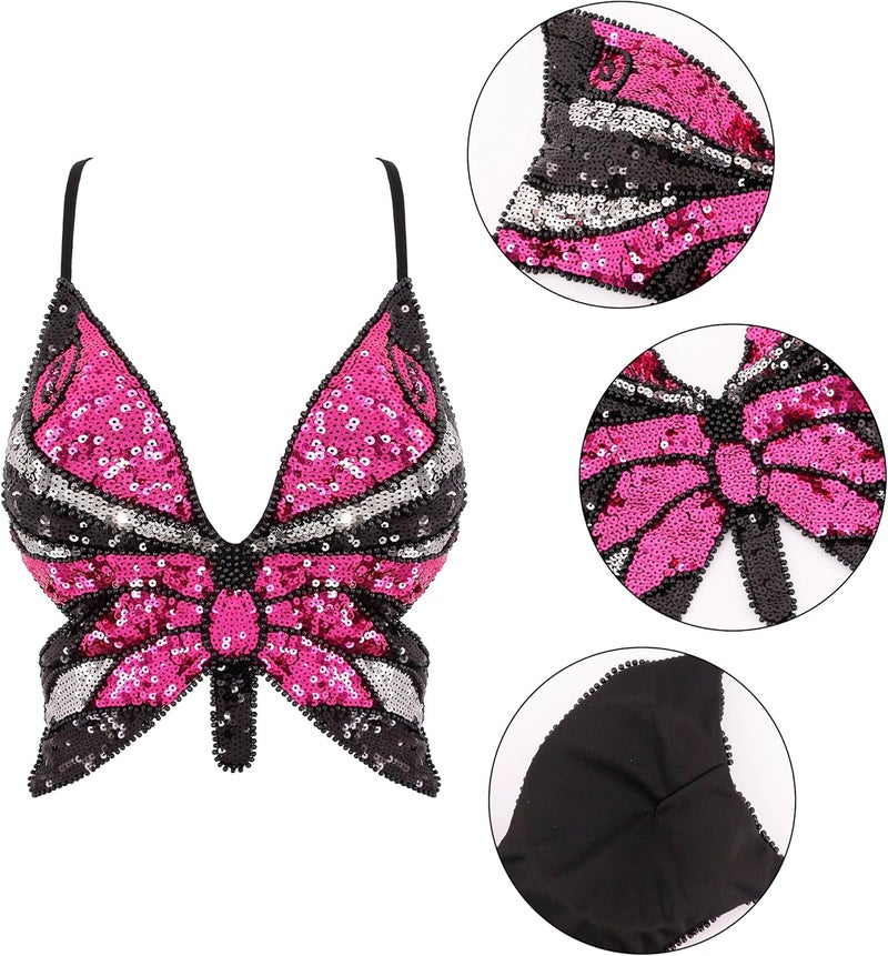 Mocure Womens Glitter Sequin Butterfly Crop Top Low-Cut Tank Top Rave Tube Vest Top for Belly Dance Costume Outfits - Image 5